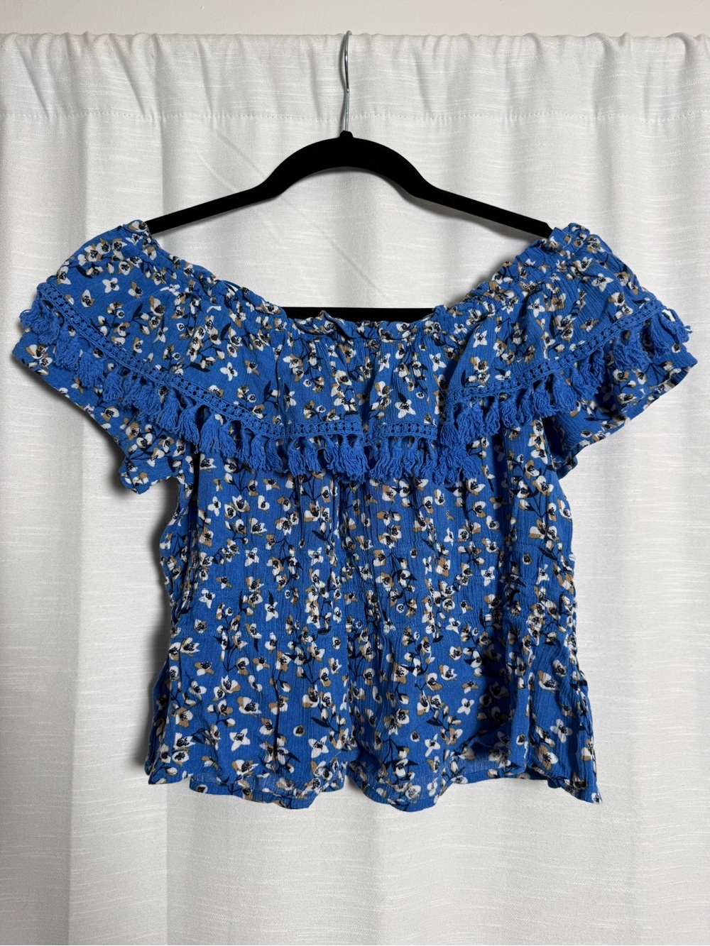 All in Favor Blue Floral Off Shoulder Tassel Ruffle Top | Size L - Picture 8 of 14
